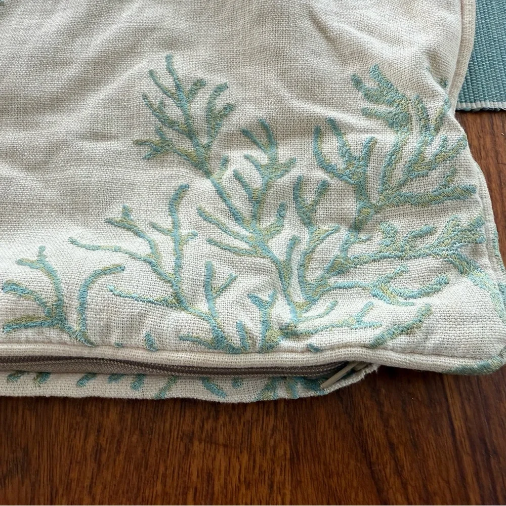 Luxury Embroidered Linen Coral Pillow Cover 22x22 | Coastal Beach Decor